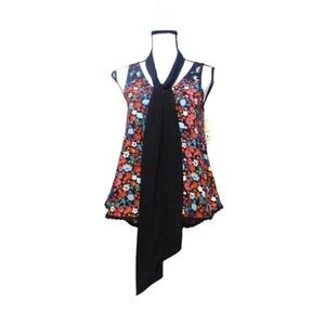 Belle Du Jour Junior’s Lace Trim Printed Scarf Top, Black- multi, S